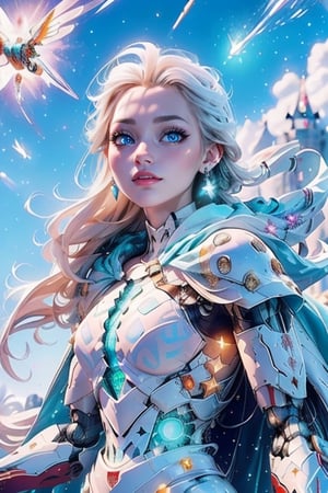 Elsa,a girl, with a golden braids hair,blue eyes, black pupils,(light blue Mecha body）, (white pattern), green and red led , white cloak,magic rings,fearless,confidence,((cowboy shot:1.2)), flying in the sky,(ice crystals castle), details face,detail eyes,firefliesfireflies