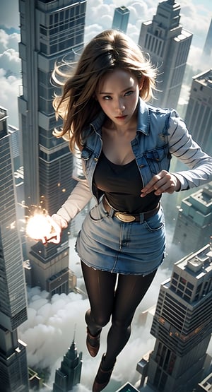 masterpiece, ultra realistic, 8K, Android_18_DB, full body, denim skirt, pantyhose, face focus, blond hair, look afar, top-down view,no gravity, she is weightlessness and flying through the buildings, cityscape, cloudy, superwoman position,lighting rings,(a ultra big thunder ball between hands),cloudy,