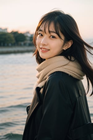 SDS_girl,ulzzang,naver fanpop,streaming on twitch,solo,long coat,white scarf,sea,The glimmer of the sea,KODAK Ektar 100,(Film grain:1.2),light particles,looking afar, raise her head,wind, hair floating, earrings,sunshine,from front,film girl,chinatsumura,natural light,Ambient Light,smile,