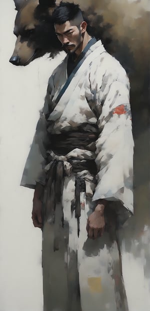 (full body portrait of a Japanese strong and sturdy man in the style of Conrad Roset, Nicola Samori), Mustache, short black hair, (bear Spirit:1.3 ), (white kimono:1.3), (brown , moiré:1.3), more detail XL, cowboy shot,look at viewer,Hands around his chest.