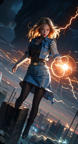 masterpiece, ultra realistic, 8K, Android_18_DB, full body, denim skirt, pantyhose, face focus, blond hair, look away, top-down view,no gravity, she is weightlessness and flying through the buildings, city ruins, superwoman position,lighting rings,hold up a big lightning ball, cloudy,