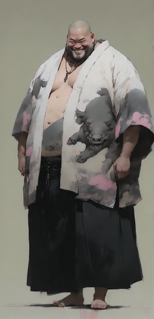 (full body portrait of a Japanese fat and strong man in the style of Conrad Roset, Nicola Samori), grin smile, (bald:0.6),(wearing wild boar fur:0.6), ( kimono:0.6), (light_pink , rice print:1.3), more detail XL ,stay with a big wild boar,under cypress,Skeleton Necklace,