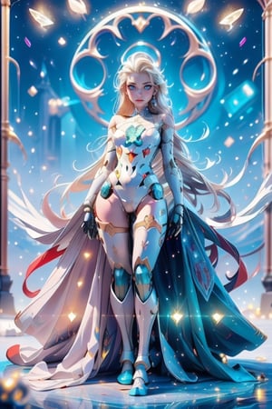 Elsa,a girl, with a golden braids hair,blue eyes, black pupils,(light blue Mecha body), (white pattern), green and red led , white cloak,long legs,high hill,magic rings,fearless,confidence,((full body:1.2)), (sexy pose),(ice crystals castle), details face,detail eyes,firefliesfireflies