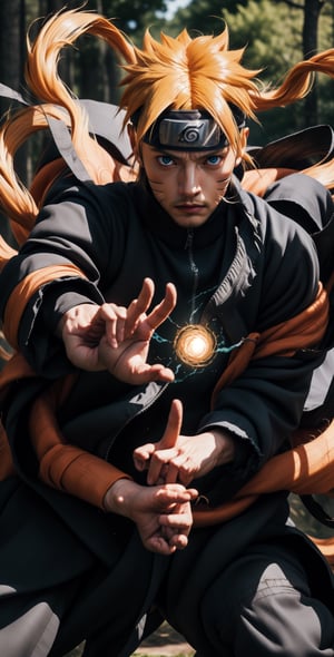 "Generate an image of Naruto Uzumaki from the popular anime series 'Naruto' using his signature jutsu, the 'Rasengan.' Naruto stands with Rasengan determination, his blond hair flowing, and his bright blue eyes focused. He holds his palm out, surrounded by swirling chakra that forms the Rasengan, a spiraling sphere of energy. The scene is set against a backdrop of a lush forest, with leaves rustling in the wind as Naruto's power radiates through the air. Capture the essence of Naruto's spirit and determination as he unleashes his formidable ninja abilities.",n4rut0,f1ame,perfecteyes