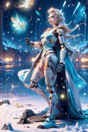 Elsa,a girl, with a golden braids hair,blue eyes, black pupils,(light blue Mecha body), (white pattern), green and red led , white cloak,long legs,high hill,magic rings behind,fearless,confidence,((full body:1.2)), (fighting pose), side view,snow storming,details face,detail eyes,firefliesfireflies