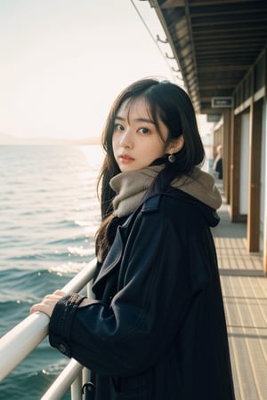 SDS_girl,ulzzang,naver fanpop,streaming on twitch,solo,long coat,white scarf,sea,The glimmer of the sea,KODAK Ektar 100,(Film grain:1.2),light particles,(looking at viewer:0.8),earrings,sunshine,from front,film girl,chinatsumura,natural light,Ambient Light,