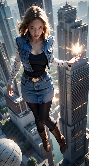 masterpiece, ultra realistic, 8K, Android_18_DB, full body, denim skirt, pantyhose, face focus, blond hair, look afar, top-down view,no gravity, she is weightlessness and flying through the buildings, cityscape, superwoman position,lighting, lighting ball in hands,thunder rings,