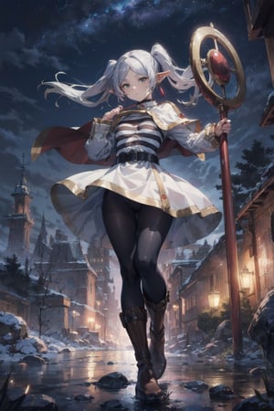 masterpiece, best quality, highres, aafrie, long hair, white hair, twintails, pointy ears, earrings, thick eyebrows, look at viewer, Frown, white capelet, striped shirt, ((shirt lift up)),tiny-breast, exposed breasts,long sleeves, belt, white skirt, black pantyhose ,burlywood high boots,walking, outdoors,semi-crowded with people, midnight, starts in the sky,midnight, aafrie, magical circle behind, long magic staffs with crimson magic stone, full body,