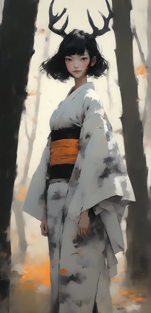 (full body portrait of a Japanese innocent woman in the style of Conrad Roset, Nicola Samori),  Mysterious Smile, (shiny black hair, deer ears ), (pure white kimono:1.3), (orange color , grass print:1.3), more detail XL, Background in a sun-drenched forest.