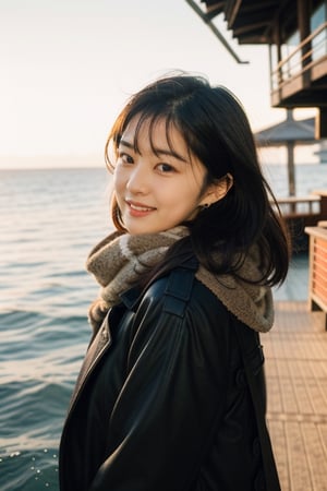 SDS_girl,ulzzang,naver fanpop,streaming on twitch,solo,long coat,white scarf,sea,The glimmer of the sea,KODAK Ektar 100,(Film grain:1.2),light particles,looking afar, raise her head,wind, hair floating, earrings,sunshine,from front,film girl,chinatsumura,natural light,Ambient Light,smile,