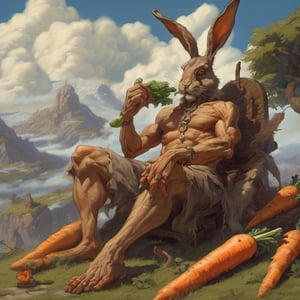 Hare humanoid demon resting and eating giant carrot, lean male body, claws, short natural fur skin, fangs, skulls necklace and thongs, veins, cumulus clouds, mountains and small village background, worshipers with carrot cart near, fantasy art, cinematic, landscape, highly detailed, frazetta style 