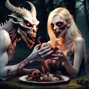 couple, blonde demoness zombie and pale fluffy dragonborn demon, eating large eyeball, evening forest, fantasy art, elegant human anatomy, cinematic, high detail