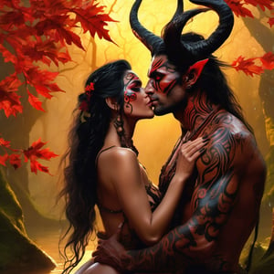 Couple (Demon with handsome slender vascular detailed body, branchy horns, fierce shaved Devil face, sharp fangs, wet black mane, glowing amber eyes, bare wet skin with red tribal patterns and some leaves, black wet fur on loins) and (young wet beautiful horned dryad), kissing, rainy day, knee level water, realistic fantasy, hot, passionate, high definition (cowboy shot:1,5), warm light, sun rays in the rain, sharp focus