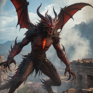 Colossal Winged Devil, detailed glossy ebony skin with red tribal patterns, fierce beastial roaring dragonborn face, sharp teeth and fangs, glowing red eyes, dark dreads on head, tall veiny slender muscular male body, loins covered with dark fur, landed atop ancient ruins, looking down on the viewer, godly dark aura surrounds him with steam and fires, (full body shot:1.5)), sharp focus, realistic, more detail XL