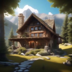 A house nestled in the woods in the mountains, bathed in natural light. The house is constructed from wood and stone, with rustic elements such as wooden beams and stone chimneys. Tall trees surround the house, and in the background, majestic mountains loom. The mood of the scene is tranquil and idyllic, with accents of nature and wild beauty. The sky is clear and sunny, with a few fluffy clouds. The overall composition aims to evoke a sense of escape and serenity, capturing the beauty of the natural surroundings.