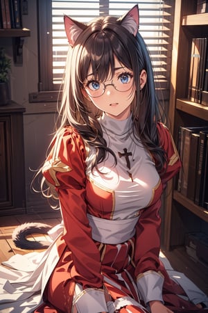 ragnarokarch , , cyan, animal ears, cat ears,tail,blue eyes, glasses,black hair,curly hair, 1girl in full growth, best quality, masterpiece, ultra-detailed, high quality, perfect nose, highly detailed skin, warm skin tone, defiance512, RAW photo, best quality, high resolution, (masterpiece), dreamlike, dreamy, modelshoot style, analog style, tonemapping, photorealistic, professional photography, sharp focus, HDR, 8K resolution, intricate detail, sophisticated detail, hyper detailed, (depth of field), highlight and shadow, volumetric lighting, cinematic bloom, professional light, looking at viewer, blotchy,Arch BishopRO,dress,highpriestro