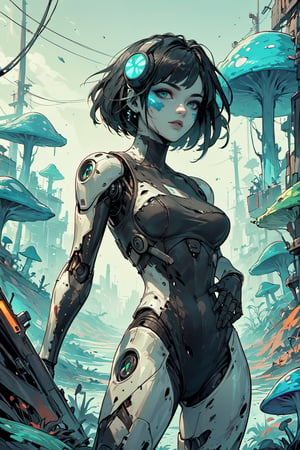 score_9, score_8_up, score_7_up, source_anime, 4RCH0N, sinozick style, 
female robot with screen display head instead of face, mushrooms growing on body, damaged body,concept art