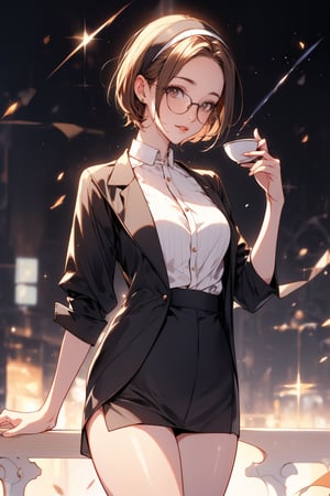 score_9, score_8_up, score_7_up, ritsu tainaka, short hair, brown hair, brown eyes, kawii glasses, hairband, forehead, , solo, shiny skin,, thighs gap, front view, looking at viewer, freckles, dark starry sky, a cute face, A happy face There is a huge city in the background, Business clothes, Drinking coffee