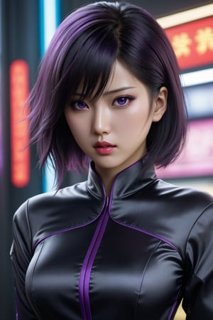 MASTERPIECE, BEST QUALITY, HIGH QUALITY, DIGITAL_ART, OCTANE, AWARD_WINNING, HIGHRES, REALISTIC, BEAUTIFUL, PERFECT COMPOSITION, INTRICATE DETAILS, ULTRA-DETAILED, 1girl, solo, (full_body_portrait:1.2), asian features, dark hair, sexy black silk dress, purple eyes, thin lips, delicate face, round face,Asian,Asian Girl,Asian Woman, light eyeshadow makeup, motoko2045, no expression, cyberpunk2077,china dress