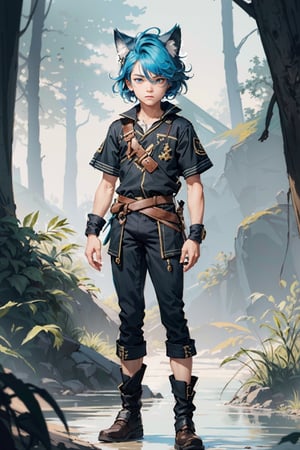 16k ultra high definition, perfect face, Hair, photorealistic, photo, masterpiece, realistic, realism, photorealism, high contrast, detailed, skin texture, hyper detailed, realistic skin texture, facial features, best quality, ultra high res, high resolution, detailed, young boy, bright blue hair, wolf ears, wolf tail, full body, round face,  androgynous, blue eyes, Nature, pine forest,1boy,Femboy, commoner clothes, short sleeves, boots, trousers