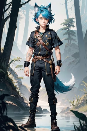 16k ultra high definition, perfect face, Hair, photorealistic, photo, masterpiece, realistic, realism, photorealism, high contrast, detailed, skin texture, hyper detailed, realistic skin texture, facial features, best quality, ultra high res, high resolution, detailed, young boy, bright blue hair, wolf ears, (wolf tail:1.15), full body, round face,  androgynous, blue eyes, Nature, pine forest,1boy,Femboy, commoner clothes, short sleeves, boots, trousers