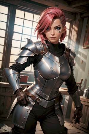 (16k ultra high definition, perfect face, photorealistic:1.5, photo, masterpiece, realistic, realism, photorealism, high contrast, detailed, skin texture, hyper detailed, realistic skin texture, facial features, best quality, ultra high res, high resolution, detailed), Woman, (celtic face paint, pink hair with black roots, neutral expression, buzz cut), sholder armor, breast_plate, hip armor, brown leather gloves, ragged cloak:1.3,medieval armor, hip armor plates, (Dirty ragged clothes:1.2), battle, mud, ripped_clothing