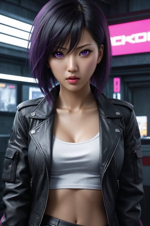 MASTERPIECE, BEST QUALITY, HIGH QUALITY, DIGITAL_ART, OCTANE, AWARD_WINNING, HIGHRES, REALISTIC, BEAUTIFUL, PERFECT COMPOSITION, INTRICATE DETAILS, ULTRA-DETAILED, 1girl, rating:safe, solo, (full_body_portrait:1.2), asian features, dark hair, (black leather jacket:1.1), slim white top beneath, purple eyes, thin lips, delicate face, round face,Asian,Asian Girl,Asian Woman, light eyeshadow makeup, motoko2045, no expression, cyberpunk2077, exposed belly