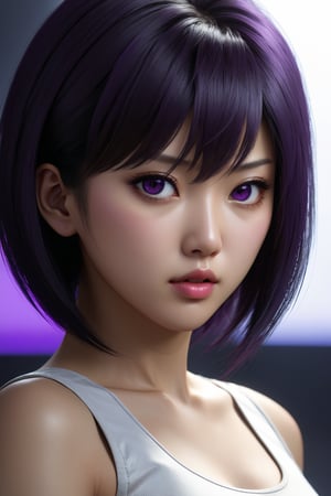 MASTERPIECE, BEST QUALITY, HIGH QUALITY, DIGITAL_ART, OCTANE, AWARD_WINNING, HIGHRES, REALISTIC, BEAUTIFUL, PERFECT COMPOSITION, INTRICATE DETAILS, ULTRA-DETAILED, 1girl, rating:safe, solo, (full_body_portrait:1.2), asian features, dark hair, slim white top, purple eyes, thin lips, delicate face, round face,Asian,Asian Girl,Asian Woman, light eyeshadow makeup, motoko2045, no expression, cyberpunk2077