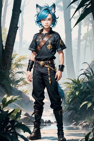 16k ultra high definition, perfect face, Hair, photorealistic, photo, masterpiece, realistic, realism, photorealism, high contrast, detailed, skin texture, hyper detailed, realistic skin texture, facial features, best quality, ultra high res, high resolution, detailed, young boy, bright blue hair, wolf ears, (wolf tail:1.15), full body, round face,  androgynous, blue eyes, Nature, pine forest,1boy,Femboy, commoner clothes, short sleeves, boots, trousers, female arms
