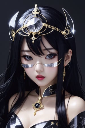 (crystal cyber mask:1.1), (broken glass asian dress:1.1), 1girl, solo, breasts, crystal hair pin, black and silver themed image, full_body_portrait, asian features, long hair, black hair, black eyes, thin lips, delicate face, round face,Asian,Asian Girl,Asian Woman, makeup, motoko2045, no expression, Gold Edged Black Rose, realistic, shards, plain background