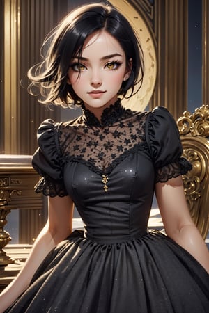 girl, black hair, short hair, happy, joy, yellow eyes, shining eyes, curious, dark scene, (((completely black dress, black dress))), (pale skin), ((loose hair)), magic, sparkle dress, ultra-detailed, (realistic, photorealistic, photo-realistic:1.37), ((baroque, bodice, long skirt)), head tilt, (((flat_chested))), lolitagothi, VICTORIAN STYLE,victorian, magic, night_sky, (((winking))) , 18 years old