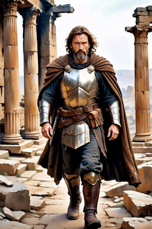 A worn-out scale armor, battered and rusted, covers the rugged 45-year-old man's torso as he trudges through an ancient ruin, his brown cloak fluttering behind him like a tattered flag. Messy brown hair and a long one-month beard frame his weathered face, which is set in a determined expression. In the dimly lit, crumbling atmosphere of the ancient site, the man's worn armor and rugged features seem to blend seamlessly into the decaying architecture.