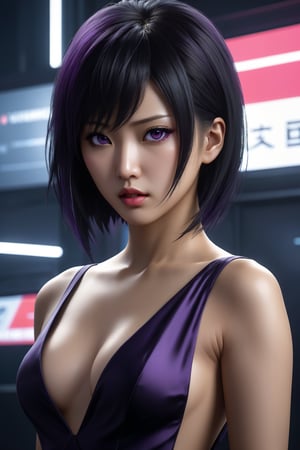 MASTERPIECE, BEST QUALITY, HIGH QUALITY, DIGITAL_ART, OCTANE, AWARD_WINNING, HIGHRES, REALISTIC, BEAUTIFUL, PERFECT COMPOSITION, INTRICATE DETAILS, ULTRA-DETAILED, 1girl, rating:safe, solo, (full_body_portrait:1.2), asian features, dark hair, black sexy silk dress, purple eyes, thin lips, delicate face, round face,Asian,Asian Girl,Asian Woman, light eyeshadow makeup, motoko2045, no expression, cyberpunk2077