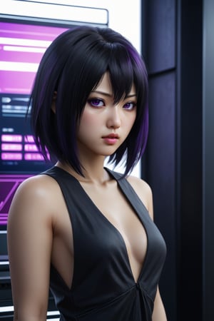 MASTERPIECE, BEST QUALITY, HIGH QUALITY, DIGITAL_ART, OCTANE, AWARD_WINNING, HIGHRES, REALISTIC, BEAUTIFUL, PERFECT COMPOSITION, INTRICATE DETAILS, ULTRA-DETAILED, 1girl, solo, (full_body_portrait:1.2), asian features, dark hair, black sundress, purple eyes, thin lips, delicate face, round face,Asian,Asian Girl,Asian Woman, light eyeshadow makeup, motoko2045, no expression, cyberpunk2077,