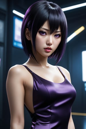 MASTERPIECE, BEST QUALITY, HIGH QUALITY, DIGITAL_ART, OCTANE, AWARD_WINNING, HIGHRES, REALISTIC, BEAUTIFUL, PERFECT COMPOSITION, INTRICATE DETAILS, ULTRA-DETAILED, 1girl, rating:safe, solo, (full_body_portrait:1.2), asian features, dark hair, sexy black silk dress, purple eyes, thin lips, delicate face, round face,Asian,Asian Girl,Asian Woman, light eyeshadow makeup, motoko2045, no expression, cyberpunk2077