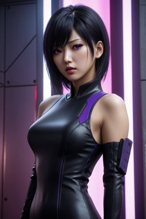 MASTERPIECE, BEST QUALITY, HIGH QUALITY, DIGITAL_ART, OCTANE, AWARD_WINNING, HIGHRES, REALISTIC, BEAUTIFUL, PERFECT COMPOSITION, INTRICATE DETAILS, ULTRA-DETAILED, 1girl, rating:safe, solo, (full_body_portrait:1.2), asian features, dark hair, black sexy dress, purple eyes, thin lips, delicate face, round face,Asian,Asian Girl,Asian Woman, light eyeshadow makeup, motoko2045, no expression, cyberpunk2077