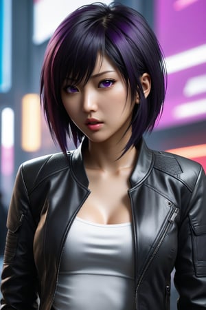 MASTERPIECE, BEST QUALITY, HIGH QUALITY, DIGITAL_ART, OCTANE, AWARD_WINNING, HIGHRES, REALISTIC, BEAUTIFUL, PERFECT COMPOSITION, INTRICATE DETAILS, ULTRA-DETAILED, 1girl, rating:safe, solo, (full_body_portrait:1.2), asian features, dark hair, (black leather jacket:1.1), slim white top beneath, purple eyes, thin lips, delicate face, round face,Asian,Asian Girl,Asian Woman, light eyeshadow makeup, motoko2045, no expression, cyberpunk2077, exposed belly