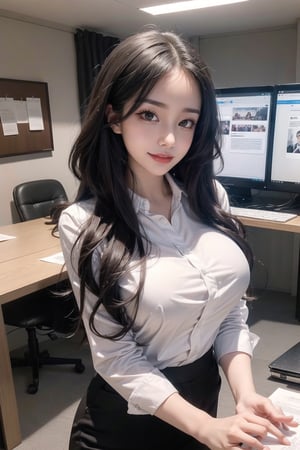 1girl, solo, painting style: oil painting, a focused and diligent black-haired female secretary working earnestly with documents. Her long, sleek hair adds a touch of professionalism, and she wears an elegant business attire with attention to detail. The office setting is well-lit, emphasizing her dedication to the task at hand. The desk is organized with neat stacks of papers and a computer, creating a serious yet efficient workspace. Her concentration is evident in her facial expression, showcasing the commitment and responsibility she brings to her role as a dedicated secretary,white teeth ,(best quality, 8k, masterpiece: 1.3)), perfect body beauty: 1.4 ,skin texture, delicate eyes, double eyelids, whitened skin,SharpEyess,Realism,Detailedface,Makeup,perfect,Portrait,Raw photo,((white shirt)), gigantic_breasts,(Unbuttoned:1.3),

((hand holding chocolate for Valentine's Day)),chocolate,wide smile,Hand holding Ferrero Rocher chocolate,
