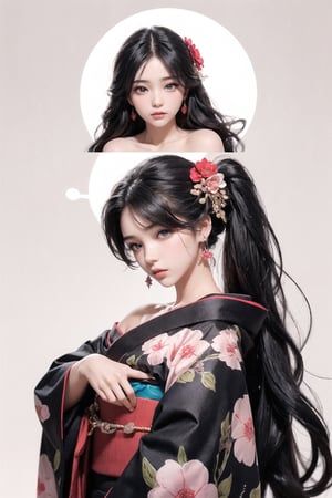 4k,best quality,masterpiece,1girl,(kimono), cross earrings, Head flower,cowboyshot,off shoulder,

(Beautiful and detailed eyes),
Detailed face, detailed eyes, double eyelids ,thin face, real hands,
((long hair:1.2)),black hair, white background,


real person, color splash style photo,
