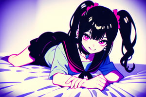 1girl, a full body gothic little girl dressed black white and pink, smug smile, fuku school uniform, laying in a bed, spikey pigtails, choker, fishnet, black hair, dog collar, drill hair, blushed face, tongue out,<lora:659111690174031528:1.0>