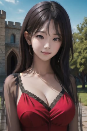 best quality, high quality, ultra quality, 8k, masterpiece, detailed, extremely detailed, insanely detailed, ultra detailed, ultra highres ,exquisite, lifelike Images,cinematic experience,UHD picture,Realistic,photorealistic,hyperrealistic,vivid,RAW photo,shot by DSLR, 
one girl, upper body,half smile, seductive, Western castle, bright red dress