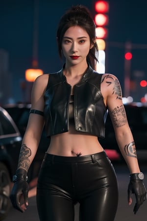 Finest, masterpiece, 8K, beauty, Japanese woman, angry,((tattoo)), black leather pants, black leather vest, female mafia, cyberpunk city, night,ninja_suit,charlottems, gloves,  armor,  shoulder a