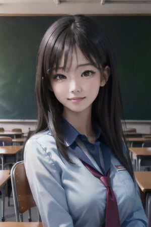 best quality, high quality, ultra quality, 8k, masterpiece, detailed, extremely detailed, insanely detailed, ultra detailed, ultra highres ,exquisite, lifelike Images,cinematic experience,UHD picture,Realistic,photorealistic,hyperrealistic,vivid,RAW photo,shot by DSLR, 
one girl, upper body,half smile, seductive, classroom,school uniform
