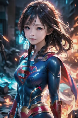 best quality, high quality, ultra quality, 8k, masterpiece, detailed, extremely detailed, insanely detailed, ultra detailed, ultra highres ,exquisite, lifelike Images,cinematic experience,UHD picture,Realistic,photorealistic,hyperrealistic,vivid,RAW photo,shot by DSLR, 
one girl, upper body,half smile, seductive, Heroine, battle costume, fighting pose, powerful like a scene from a movie,(Supergirl Costume),viking,Strong Backlit Particles,female warrior,FFIXBG,