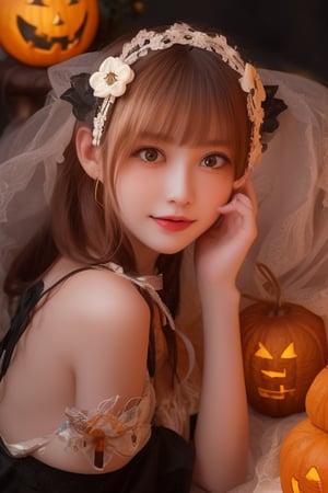 (​masterpiece、top-quality、top-quality、Beautifully Aesthetic:1.2)、(((Cute Shining Jack Lantern Head Girl)))、((I can't see the girl's face))、halloween night、ighly detailed、colourfull、highestdetailed,Japanese beauty models