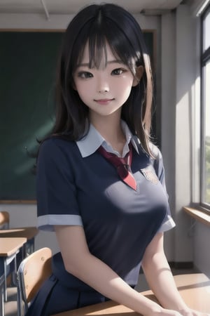 best quality, high quality, ultra quality, 8k, masterpiece, detailed, extremely detailed, insanely detailed, ultra detailed, ultra highres ,exquisite, lifelike Images,cinematic experience,UHD picture,Realistic,photorealistic,hyperrealistic,vivid,RAW photo,shot by DSLR, 
one girl, upper body,half smile, seductive, classroom,school uniform