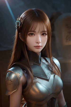 (Absurd, Intricately Detail, Masterpiece, Best Quality, High Resolution, 8k), 1 Woman, (In Front of Tomb:1.4), Cemetery, Thin, Young, Elaborate Eyes and Face, Auburn Low Fade Hair, Amber Eyes, Portrait, Looking at Viewer, Solo, Half Shot, Detailed Background, (Light Fantasy Theme:1.1), Focus, Mercenary, Sunshine, Floating Debris, Color Plate Armor, Divine Aura, Bright Realistic Lighting, Marble Castle, Intense Ambience, Circlet, Coat of Arms, Brazier, , Depth of Field, Visual Effects.