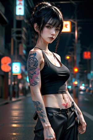 Top quality, masterpiece, 8K, beautiful woman, Japanese woman, expressionless, whole body, ((tattoo)), black slacks, white tank top, female mafia, cyberpunk city, night,realism,fukada,midjourney