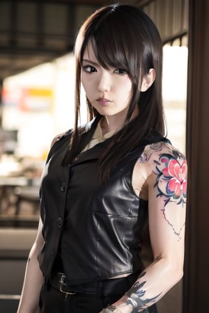 Finest, masterpiece, 8K, beauty, Japanese woman, angry,((tattoo)), black leather pants, black leather vest, female mafia, cyberpunk city, night,ftifa, ,TifaFF7,a photo of a japanese woman named hatano