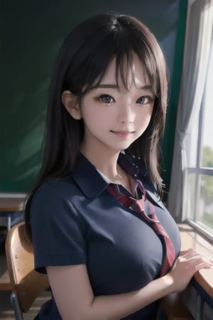 best quality, high quality, ultra quality, 8k, masterpiece, detailed, extremely detailed, insanely detailed, ultra detailed, ultra highres ,exquisite, lifelike Images,cinematic experience,UHD picture,Realistic,photorealistic,hyperrealistic,vivid,RAW photo,shot by DSLR, 
one girl, upper body,half smile, seductive, classroom,school uniform